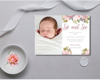 Baby Invite Floral, Blush Pink Floral Sip and See Photo Invitation Template, Printable Sip n See Invite,, DIGITAL DOWNLOAD MC0011