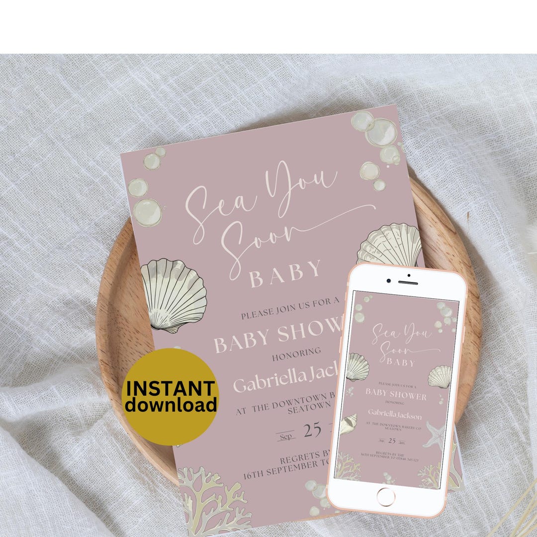 Pink Sea You Soon Baby Shower Invite Editable Coastal Theme Summer ...
