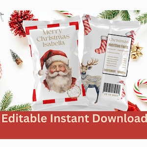 EDITABLE Christmas Chip Bag Digital Wrapper, Personalised Holiday Party Favors Treat, Christmas Eve Gift Box Party Favors Instant Download