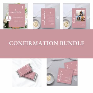 Pink Minimalist Confirmation Bundle, Pink Confirmation Pack,  Invite, Sign, Thank you card, Candy Label, Favor Tag, DIGITAL DOWNLOAD MC016