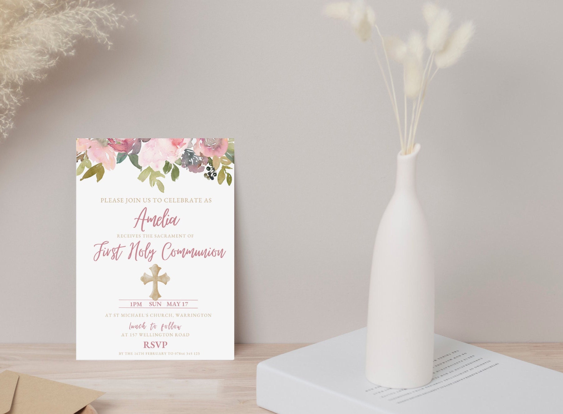 Blush Pink Floral First Holy Communion Invitation Template With Cross ...