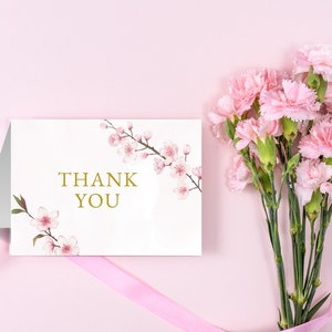 Roze bedankkaarten kersenbloesem bewerkbare kaart Boho bloemen bedankkaart bruids douche kersenboom thema DIGITALE DOWNLOAD MC02