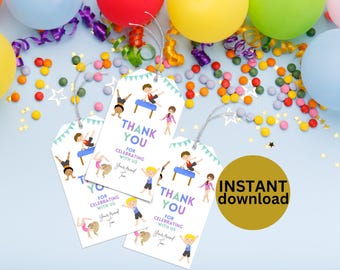 Boy & Girl Gymnast Birthday Tag druckbare Gymnastik Party Favor Tags bearbeitbare Gymnastik Party Favor Tag DIY Geburtstagstag DIGITAL DOWNLOAD