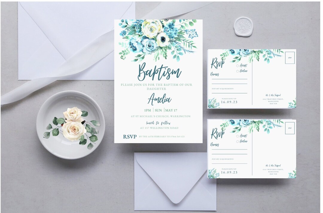Printable Baptism Invitation and RSVP Set , Baptism Invite, Canva