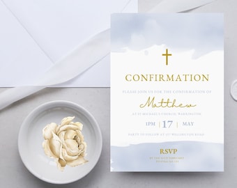 May include: A blue and white watercolor invitation with a gold cross and the text "Confirmation" and "Matthew". The invitation is for a confirmation ceremony at St. Michael's Church in Warrington on May 17th at 1 PM. A party will follow at 137 Wellington Road. RSVP by February 16th to 47846 345-123.