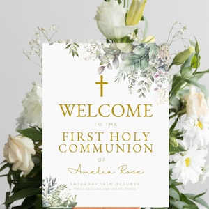 First Holy Communion Welcome Sign, Greenery 1st Communion Sign, Religious Welcome Sign, Editable Welcome to the Party MC09 INSTANT DOWNLOAD