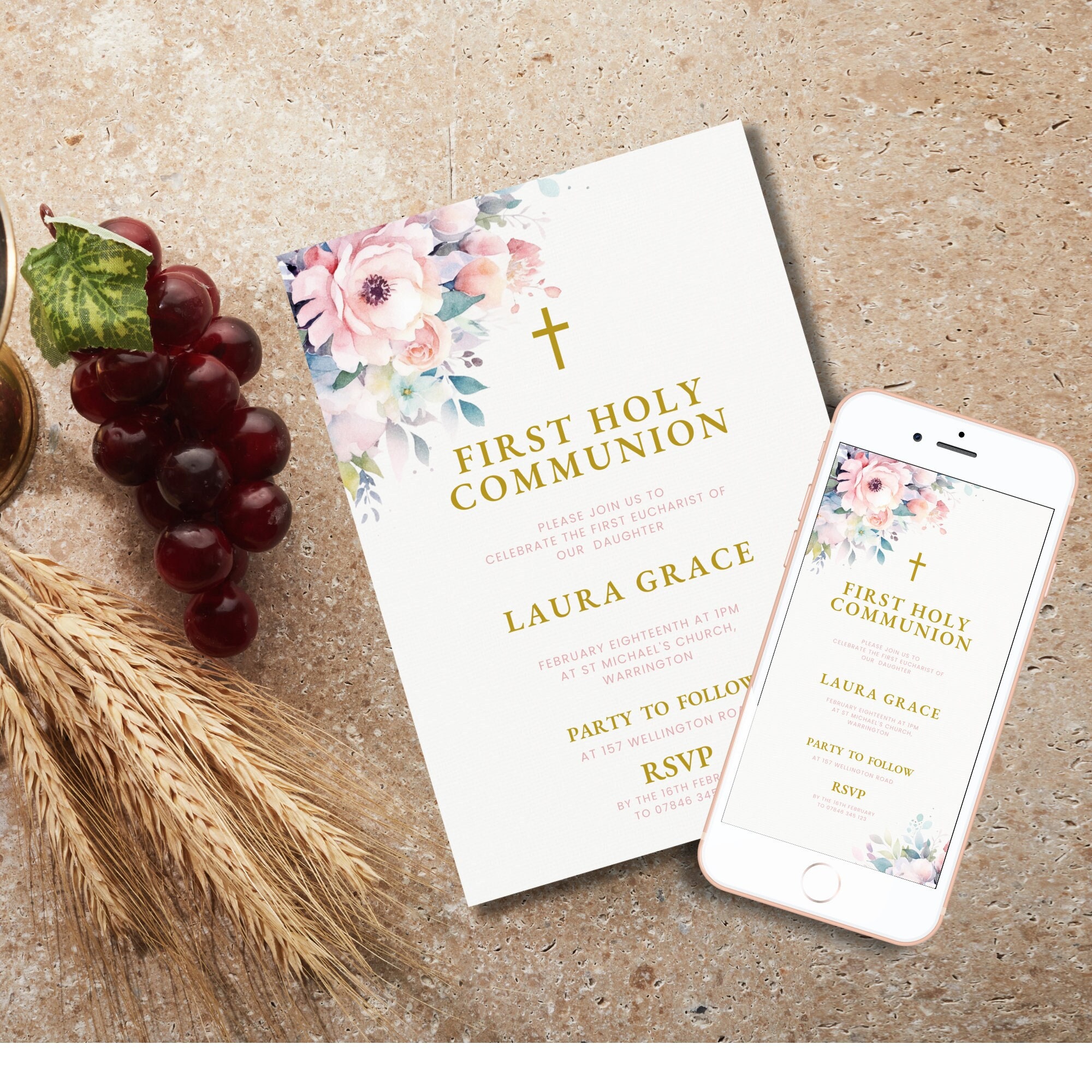 Pink Floral First Holy Communion Invitation Girl First Holy Communion ...