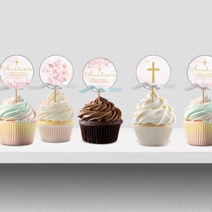 First Holy Communion Cupcake Toppers, Cherry Blossom Cake Toppers, Editable Pink and Gold Cupcake Toppers, Religious DIGITAL DOWNLOAD MC02