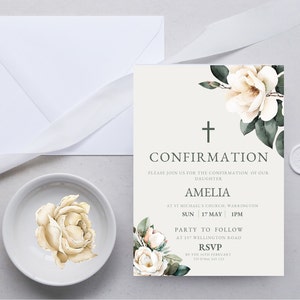 Invitation florale de confirmation, faire-part de confirmation pour filles, modèle de fête de confirmation imprimable, invitation religieuse, TÉLÉCHARGEMENT NUMÉRIQUE MC08