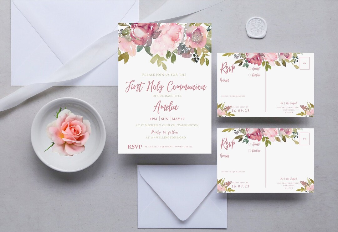 Blush Pink Floral First Holy Communion Invitation and RSVP Template ...