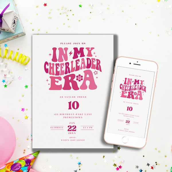 In My Cheerleader Era Invite, Pink Birthday Partay Invitation Girls Modern Birthday Party Invitation Template Editable Digital Download MX1