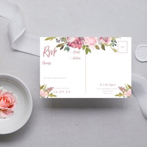 Modèle RSVP floral rose pâle pour la première communion, carte postale imprimable réponse à la communion, faire-part religieuse, téléchargement numérique MC0011