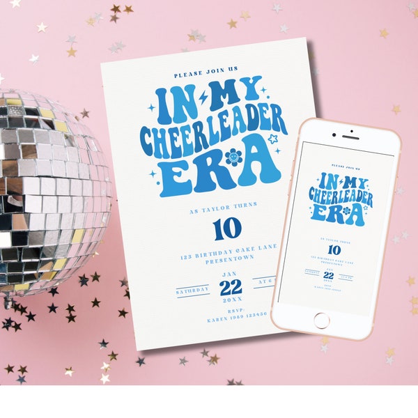 Blue In My Cheerleader Era Invite, Swiftie Birthday Partay Invitation Modern Birthday Party Invite Template Editable Digital Download MX1