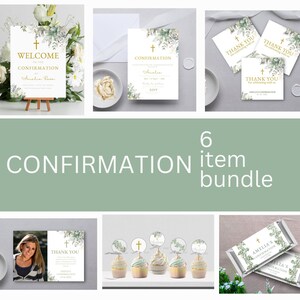 May include: A 6-item confirmation bundle with a green and white floral design. The bundle includes a welcome sign, invitation, thank you card, cupcake toppers, and chocolate bar wrappers. The text on the items reads "Welcome to the Confirmation of Amelia Rose", "Confirmation", "Thank You", and "Amelia's Confirmation".