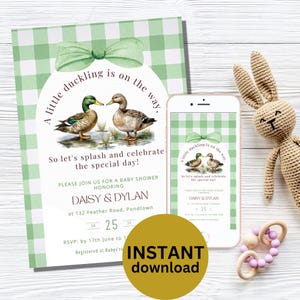 Mallard Duck babyshower uitnodiging, bewerkbare digitale sjabloon, rustiek jachtthema, aanpasbare jongen douchekaart Canva digitale DOWNLOAD MD2