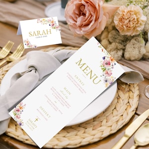 Menú de bautismo de flores silvestres, menú de mesa de boda boho, lugar floral, menú de despedida de soltera de flores silvestres, tarjeta de menú Canva DESCARGA DIGITAL MC6