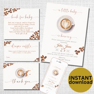 Paquete de invitaciones para baby shower con diseño de granos de café para imprimir y editar. Invitación digital editable "A Baby Is Brewing" con temática de café. Set de baby shower de género neutro CF1