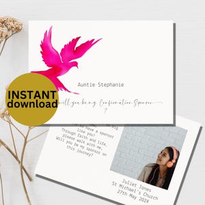 Serez-vous mon parrain de confirmation ? Carte imprimable avec colombe rose et insert photo Saint-Esprit Téléchargement instantané Canva 5 x 7 4 x 6