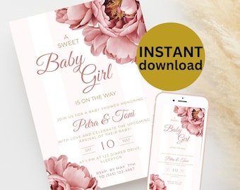 Pink Peony Baby Shower Invitation: Editable Floral Template (Digital Download)