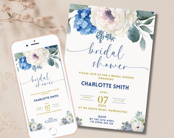 Blue Hydrangea Bridal Shower Invite Electronic Invite Blue Flowers Bridal Shower Invitation Editable Template Bridal Luncheon DOWNLOAD BR1