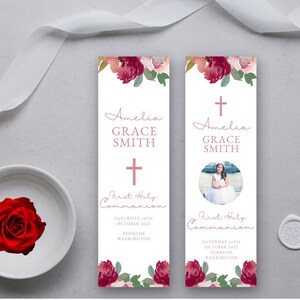 Printable First Holy Communion Red and Blush Pink Floral Printable Thank you Favour Bookmark 2.1&quot;x 8.6&quot; in 2 designs DIGITAL DOWNLOAD MC0017