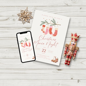 Christmas Party Invite friendmas, Editable Christmas Movie Night Invitation, Christmas Stocking Invite, Christmas Night In, Instant Download