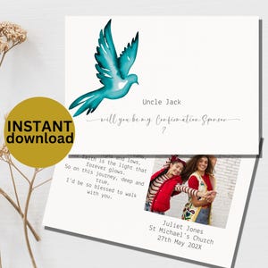 Will You Be My Confirmation Sponsor? Printable Card with Teal Watercolor Dove & Photo Insert Holy Spirit  Instant Download Canva 5X7 4X6