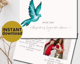 Confirmation de la carte du parrain : colombe turquoise, insertion photo (téléchargement numérique)