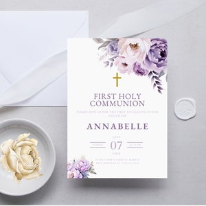 Lila Blumen erste Kommunion Einladungsvorlage, Boho Mädchen 1. Heilige Kommunion, Lila erste Eucharistie einladen, religiöser DIGITAL DOWNLOAD