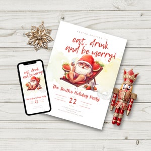 Beach Christmas Party Invite Editable Tropical Santa Christmas Party Invitation Template, Winter Luau Holiday Party Instant Download