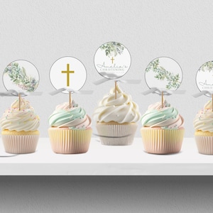 Christening Cupcake Toppers, Green and Gold Christening Cake Toppers, Printable Cupcake Toppers, Editable Cake Tops, DIGITAL DOWNLOAD MC09