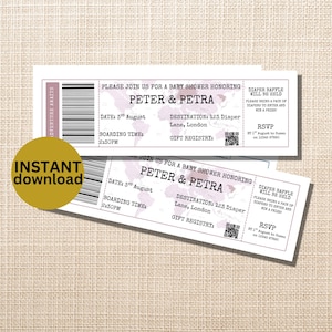 Pink Adventure Awaits Baby Shower Invitation: Travel Theme Boarding Pass (Digital Download, 8.5x2.7&quot;)