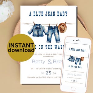 Digital Blue Jean Baby Shower Invite Template Editable Denim Invitation Digital Printable Baby Shower Card Boy Theme DOWNLOAD BJ9