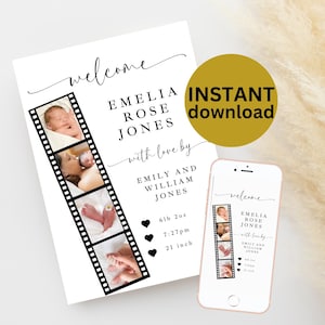 Carte photo personnalisée pour nouveau-né faire-part de naissance Photostrip faire-part de naissance moderne sur toile, téléchargement immédiat 5 x 7 6 x 4 TEXTE NB1