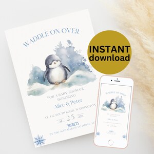 Penguin Baby Shower Invitation: Winter Gender Neutral Design (Digital Download)