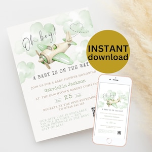 Green Airplane Baby Shower Invite Editable Fun Travel Theme Invitation Printable Gender Neutral Invite Canva DIGITAL DOWNLOAD FP1