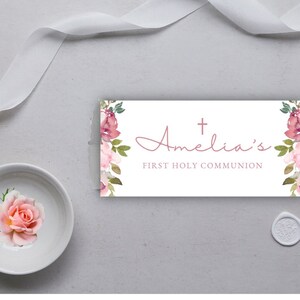 First Holy Communion Chocolate Bar Wrapper: Pink Floral Favor (Digital Download)
