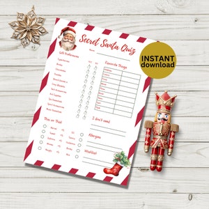 Secret Santa-vragenlijst voor kinderen afdrukbaar, bewerkbaar Secret Santa Gift Exchange-vragenlijst voor kerstmis en feestdagen direct downloaden
