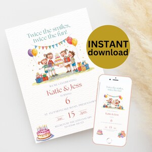 Könnte beinhalten: Eine Geburtstagseinladung mit dem Text "Twice the smiles, twice the fun!" und "Katie & Jess" mit der Zahl 6. Die Einladung zeigt eine Aquarellillustration von Kindern, Luftballons, Geschenken und einer Torte. Ein Telefon zeigt das gleiche Design.