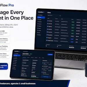 May include: A laptop and tablet displaying the InvoiceFlow Pro software interface with dark mode dashboards. The screens show client lists, contact information, and financial data. Text includes Manage Every Client in One Place, Client CRM, Contact History, Status Tracking, Lifetime Value, and Instant Digital Download.