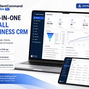 May include: A laptop and tablet displaying the ClientCommand CRM Pro dashboard interface. The screen shows data visualizations, sales pipelines, and client lists. Text includes All-In-One Small Business CRM, Manage Leads, Clients, Projects, Tasks & Invoices, Offline HTML App, Instant Download, and No Monthly Subscription.