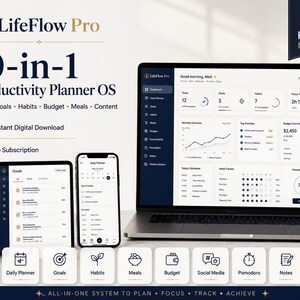 Op de afbeelding: LifeFlow Pro 10-in-1 Productivity Planner OS software getoond op een laptop, tablet en smartphone. De interface bevat een dashboard met modules voor het bijhouden van taken, doelen, gewoontes, budget, maaltijden en content in een strakke lay-out.