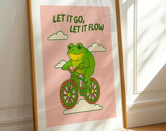 Arte murale con rana funky • Stampa murale con rospo retrò • Stampa alla moda rosa e verde per la cura di sé • Poster con citazione sulla salute mentale • Citazione carina da ragazza "Let It Go"