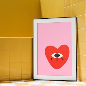 Funky Heart Print • Girly Pink Home Decor • Niedliche Eklektische Wandkunst • Evil Eye Poster Print • Groovy Vintage Style Red Love • Wohnheim Dekor