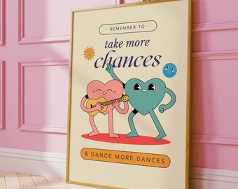 Take More Chances Retro Poster • Trendy 70s Print with Retro Heart Characters • Funny Positive Affirmation Wall Art • 70s Aesthetic Poster