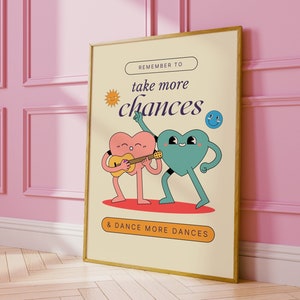 Póster retro Take More Chances • Impresión moderna de los años 70 con personajes de corazones retro • Arte de pared divertido con afirmación positiva • Póster estético de los años 70
