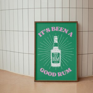 Retro Funky Rum Print • Vintage Bar Cart Poster • Retro Funny Rum Art Prints • 70's Art Print • Trendy groene & roze alcoholkunst