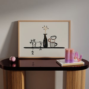 Cozy Kitchen Print • Organic Floral Plants Line Art • Horizontal Retro Vase & Cups • Landscape Minimalist Black Print • Kitchen Wall Decor •