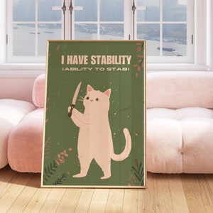 Lustiges Katzen Poster • Salbeigrüne, lustige Katzenlady Kunst • Süßes Kätzchen Poster • Funky und süße Katzen Drucke • Katzen Illustration, Girly Ästhetische Kunst