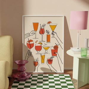 Barwagenkunst • Retro cocktailprint print • Handgetekende funky alcoholprints • Leuk appartementdecor • Proostbord girly wijndrankjes muurkunst